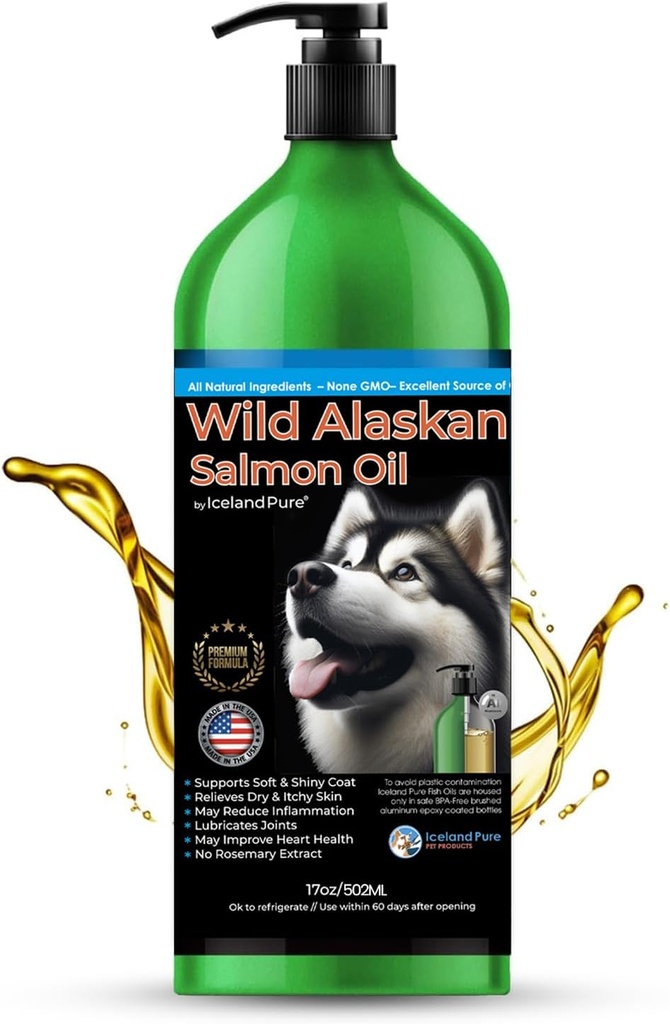 Wild Alaskan Salmon Oil for hunder og katter av Island ren | |43 mg Omega-3 per tespoon | Salmon olje & Pollock blanding | BPA-fri børstet aluminium Epoksy coated flaske med pumpe - 17 oz