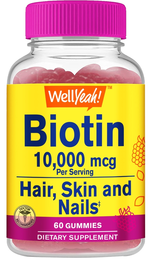 VelJa høy potens Biotin 10.000 mcg gummies - for sterkere hår, hud og negler - Vegansk-vennlig, glutenfri, ikke-GMO, og Delicious Berry Flavor - 60 Gummies