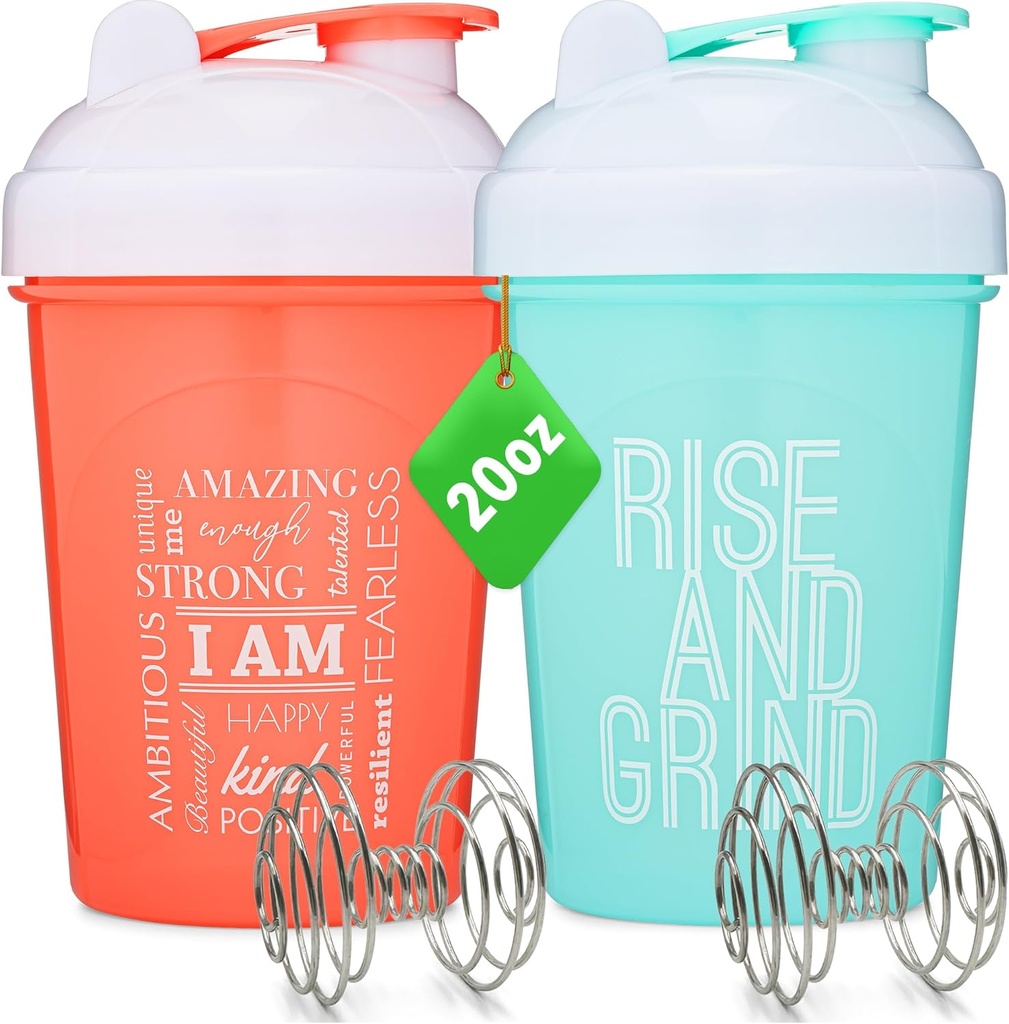 [2 Pack] 20-Ounce Shaker flaske med Motivasjons sitater (Koral & Mint) | Protein Shaker flaske med mikser Agitatorer | Blender Shaker flaske for proteinblandinger Pack er BPA gratis og oppvaskmaskin trygt