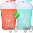 [2 Pack] 20-Ounce Shaker flaske med Motivasjons sitater (Koral & Mint) | Protein Shaker flaske med mikser Agitatorer | Blender Shaker flaske for proteinblandinger Pack er BPA gratis og oppvaskmaskin trygt