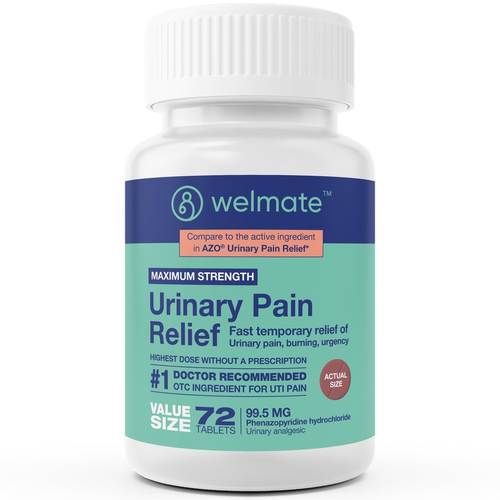 WELMATE - urinsmerter Relief (72 tabletter) - Phenazopyridin Hydrochloride 99,5 mg - urinsmerter, urent, & Discomfort - maksimal styrke - Over-The-Counter Medisinering