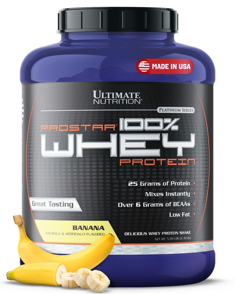 Ultimate Nutrition Prostar Whey Protein Powder Isolat, Banana - Lav karbohydrat, høy proteinpulver Shake for muskel gevinst og gjenoppretting - Lav natrium, lavfett og keto vennlig - 5,28 lbs Tub