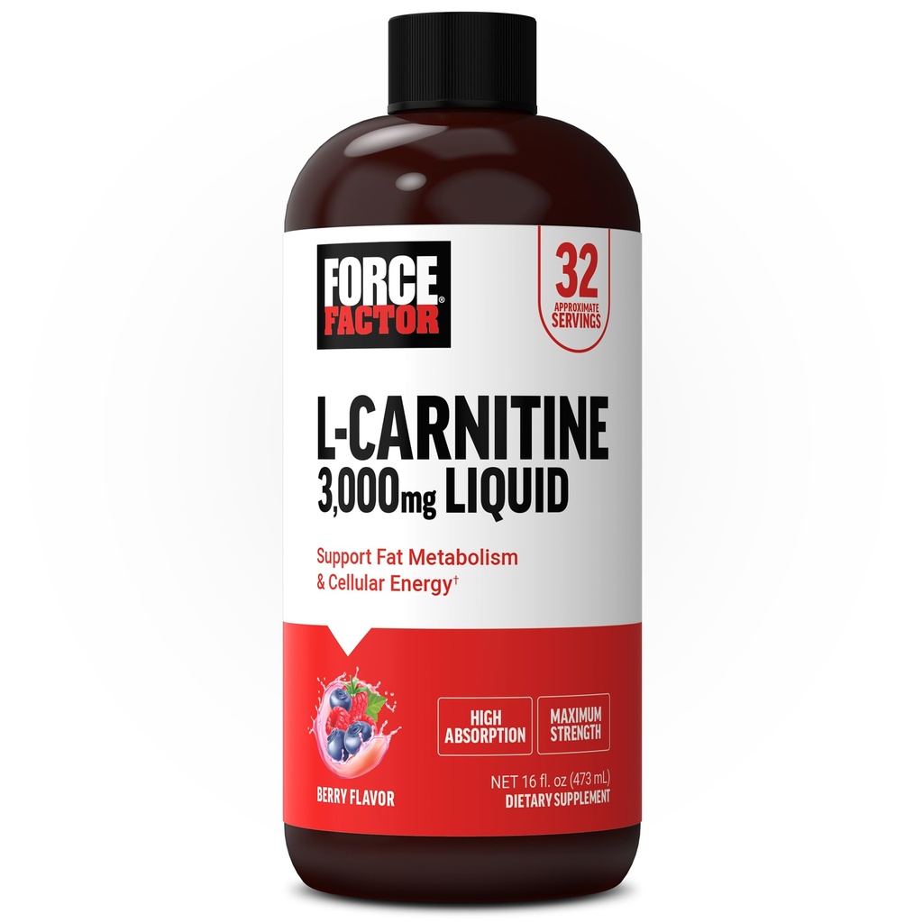 Kraftfaktor L-karnitin flytende 3000 mg, maksimal styrke supplement til å støtte fettmetabolisme, cellulær energi og muskelgjenvinning, høy absorbering, ikke-GMO, berry flavor, 16 oz flaske