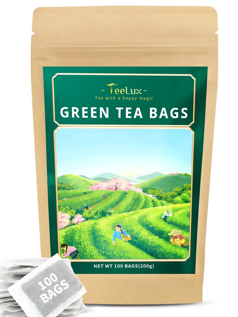TeeLux Grønne Teposer, Naturlig Ren Grønn Te, Super Antioksidant, Koffeinert, 100 Count Teposer å støtte generell helse