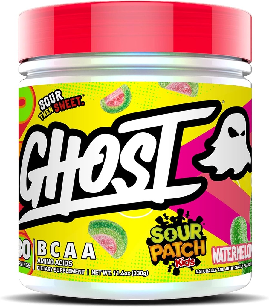 GHOST BCAA pulver Aminosyrer Supplement, Sour Patch Kids vannmelon - 30 Serveringer - sukkerfri intra, post & pre trening Amino pulver & gjenoppretting drikke, 7G BCAA