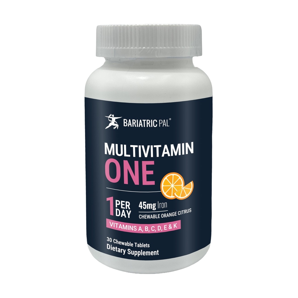 BariatricPal Multivitamin Ene 1 per dag! Bariatrisk Multivitamin Chewable med 45 mg jern | Orange Citrus | Vitamin for kariatrisk kirurgi pasienter | 30 greve (1 måneds forsyning)