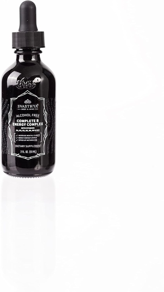 Svasthya Kropp & Mind B2 D3 Vitamin B Kompleks flytende Supplement - Alle naturlige flytende B vitaminer for kvinner, menn og barn - Ultra Potent Drops w/B-6, B-12-5000mcg, Sublingual & Vegansk Vennlig