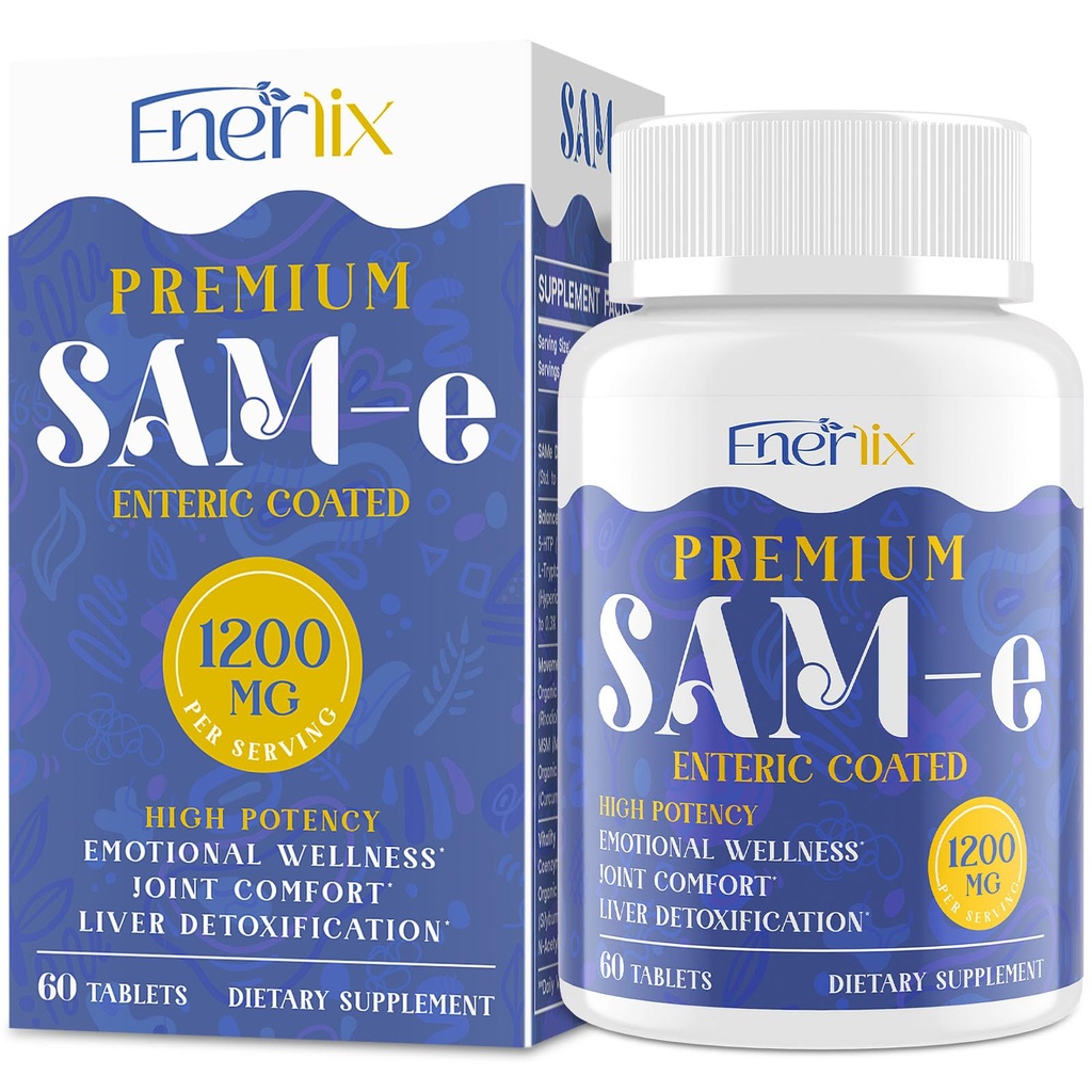 1200 MG SAM E Supplement for hjerne, humør, felles og lever, høy absorpsjon SAM-e (S-Adenosyl-L-metionin) med CoQ10, 5-HTP, Enteric Coated 60 tabletter, Vegan