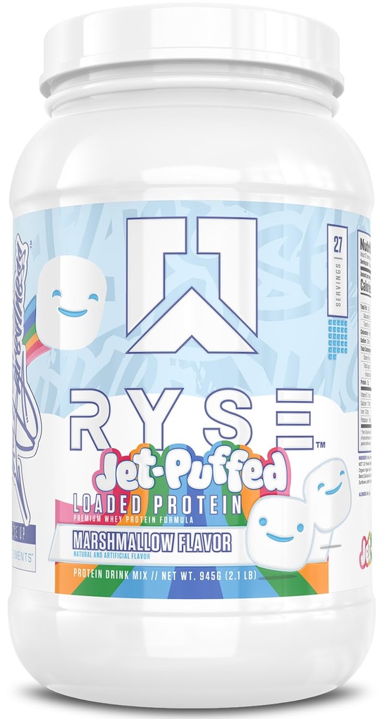 RYSE Loaded Protein Powder - Jet-Puffed Marshmallow - 25g Whey Protein Isolat & Konsentrat med prebiotiske Fiber & MCTs - Lavt karbohydrat, Lavt sukker, Digestive-vennlig - 27 Serveringer / 2 lb Tub