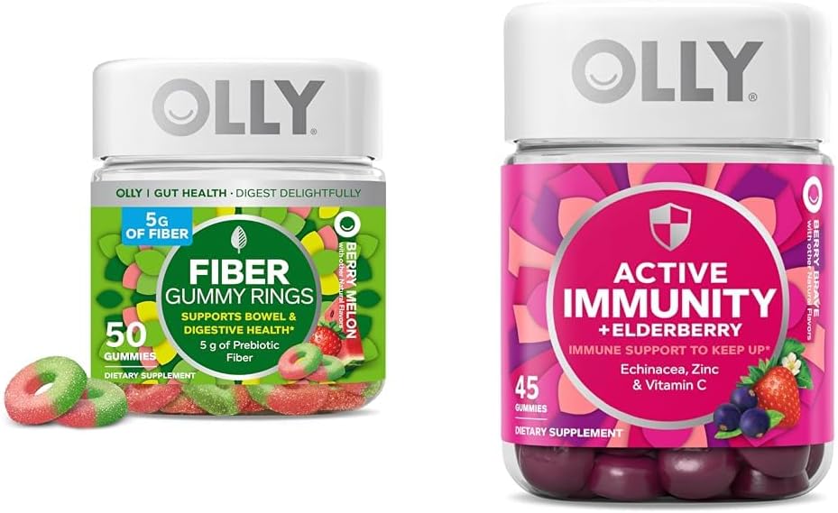 OLLY Fiber Gummy Ringer 50ct & aktiv immunitet + Elderberry Gummies 45ct Berry Flavors Digestiv og immun støtte