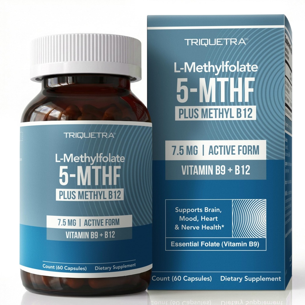 L Metylfolat 7,5mg pluss Metyl B12 - Aktiv 5-MTHF Form, MTHFR Supplement - Bloodstream Ready Metylated Folate + B12 Cofactor - støtter Mood, Homocysteine Methylation, Kognisjon (60 kapsler)
