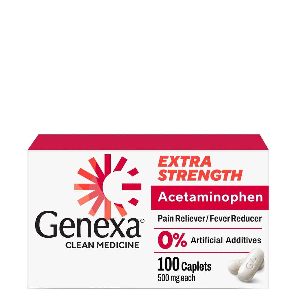 Genexa Clean Acetaminophen 500 mg Extra styrke, Dye Free smertefri smertefri feber Reduserer, 0% kunstige tilsetningsmidler, smertemedisiner for voksne, lindrer hodepine, ryggsmerter, mindre ledgiktsmerter, 100 tabletter