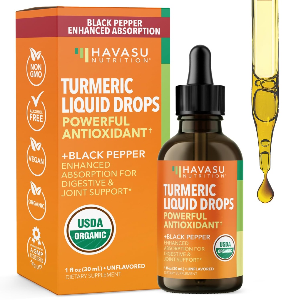 USDA organiske gurkemeie flytende dråper med svart pepper - 1000mg curcumin Supplement for immun- og digestive helse - 30 serveringer - Forbedret absorpsjon - Ikke-GMO, Vegan, Glutenfri - Utmerket, 1 fl Oz