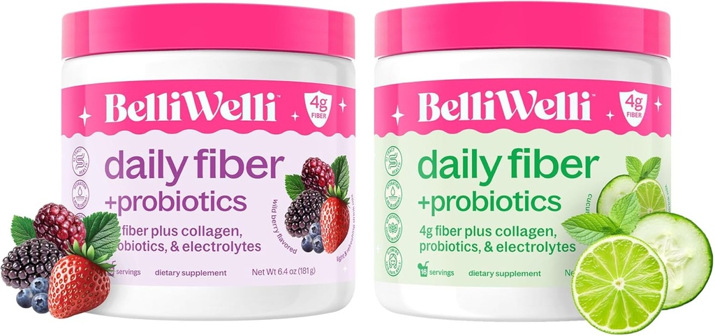 Daglig fiber Supplement Bundle med kollagen, probiotika og elektrolytter - Støtter Digestiv helse, regelmessighet og hud helse – Cucumber Lime Mint & Wild Berry Flavors – 32 Serverer totalt