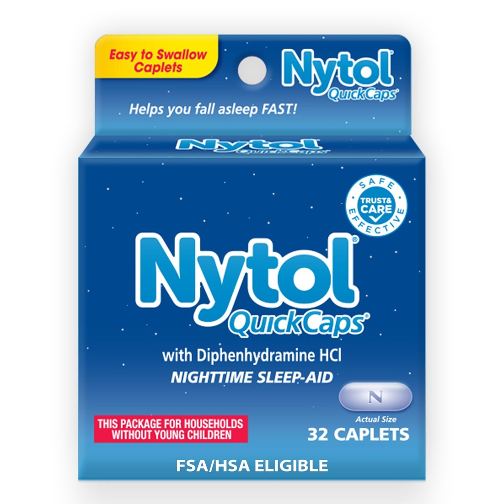 Nytol Quick Caps Natttids søvnhjelp med diphenhydramin HCI, lett å svelge kapeller å falle sove raskt, 32 teller