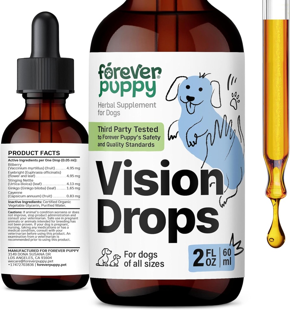 Forever Puppy Vision kosttilskudd for hunder - Øye Tinktur m/Bilberry & Eyebright Urt - Alle avler og størrelser - flytende hundemat kosttilskudd for visjon støtte & øye klarhet - sukker og alkohol-fri - 2 oz