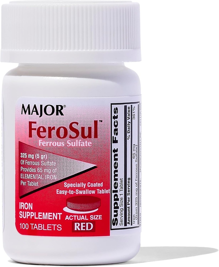 Major Ferosul - Ferrous Sulfate 325mg Tabletter med 65 mg elementært jern - Jern Supplement for kvinner, menn - rød - 100 greve