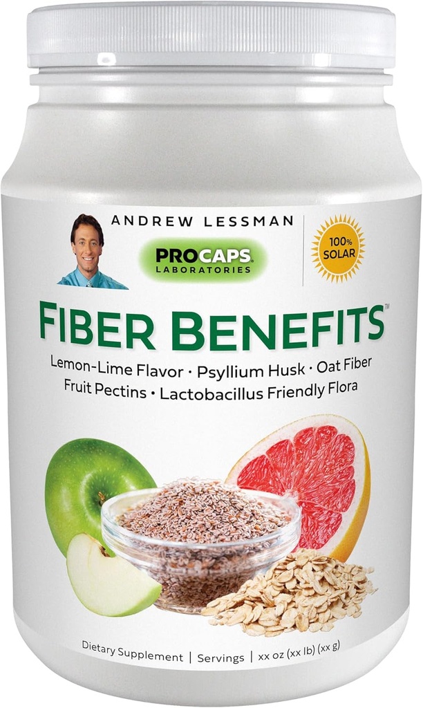 ANDREW LESSMAN Fiber Fordelene Powder 120 Serveringer - Lemon-Lime, Gentle, Naturlig løselig / uoppløselig fiber, fremmer regelmessighet, rengjøring. Psyllium Husk, havre, Apple, Grapefrukt, Guar Gum, Probiotika