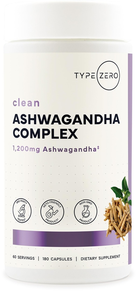 Type Zero KSM-66 Ashwagandha Root Extract 1200mg, 60 Serveringer - høy potens 5% withanolides - med gummeric, Rhodiola Rosea og BioPerine Black Pepper ekstrakt - 180 Veggie Caps