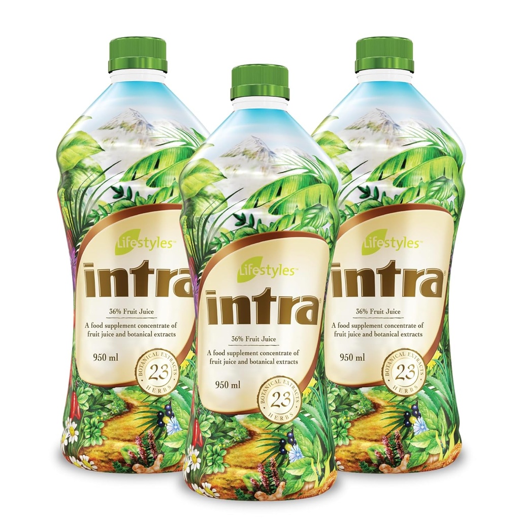 Livsstiler Intra Herbal Juice Drink – Botanisk drikke for immunstøtte, Detox, Digestiv & Cardiovaskulær Helse – 23 Botaniske ekstrakter – laget i Canada Trio Pack (950 ml / 32 fl oz hver)