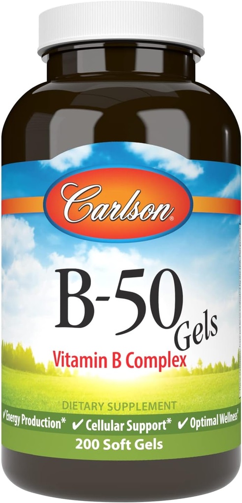 Carlson - B-50 Gels, Vitamin B kompleks, energiproduksjon, Cellular Support & Optimal Wellness, 200 Softgels