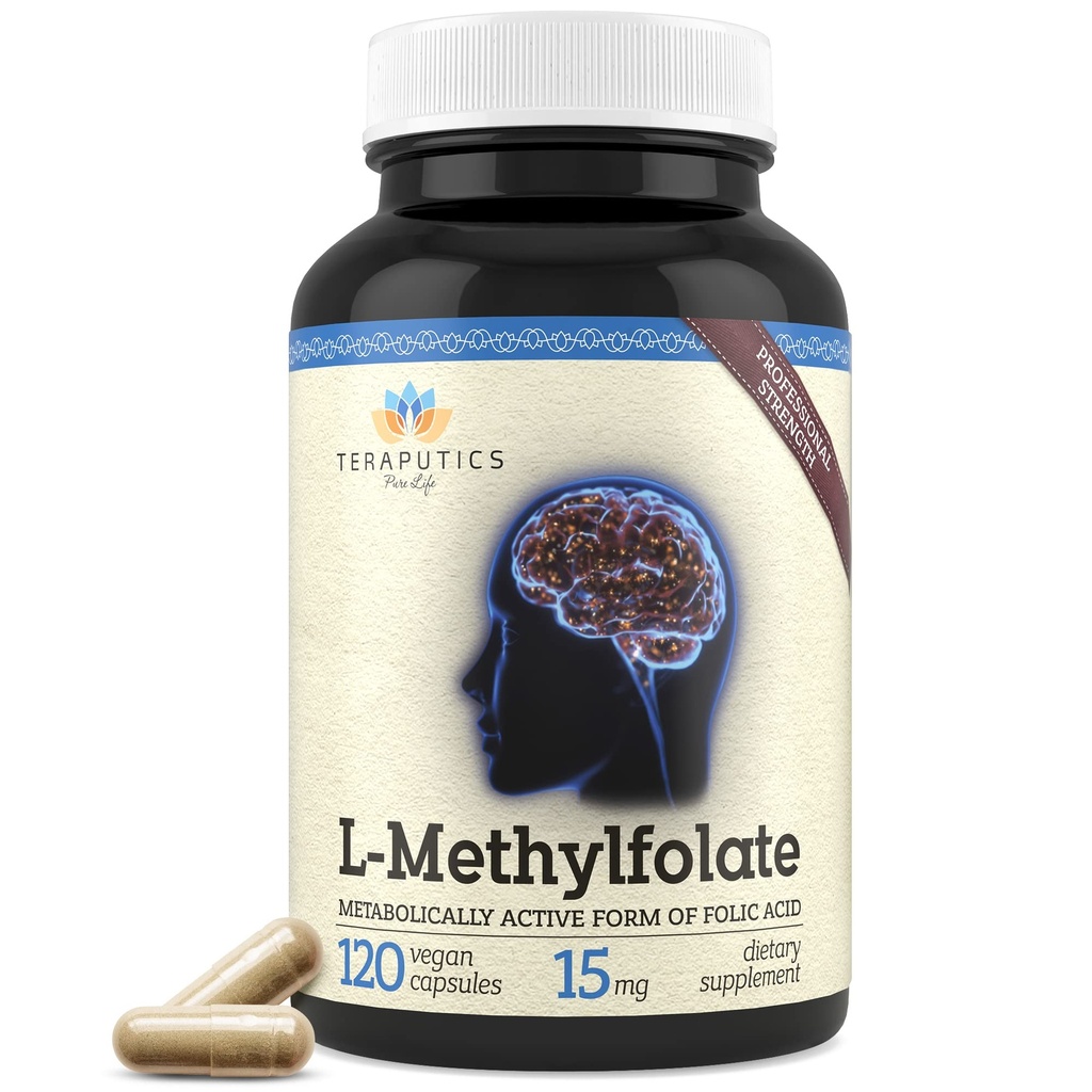 Teraputics L-metylfolat 15 mg | 120 Vegankapsler | Premium | 5-MTHF Active Metyl Folat Supplement for Mood Homocysteine Methylation – Ikke-GMO Glutenfri, Ingen fyllstoffer - Folic Acid Brain Support