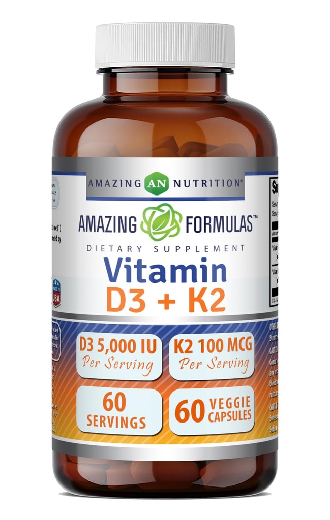 Amazing Formulas vitamin D3 5000 IU med vitamin K2 100 mcg | D3 + K2 Complex Supplement | Veggie Kapsler | Ikke-GMO | Glutenfri | laget i USA (60 greve)