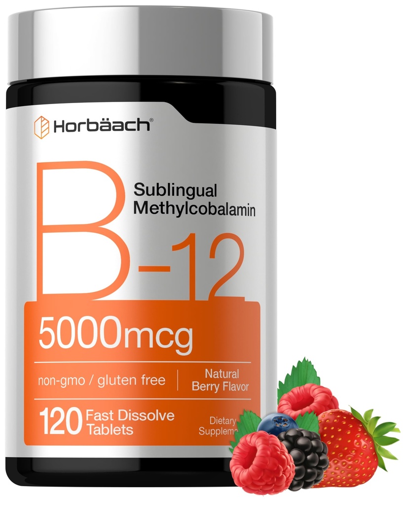 Horbäach B12 Vitamin 5000 mikrog | 120 Hurtigoppløselige tabletter | Sublingual Metylkobalamin | Vegetarisk, ikke-GMO & Glutenfri Supplement