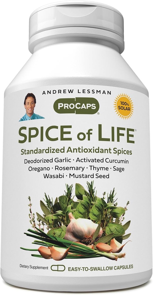 ANDREW LESSMAN Spice of Life 60 Kapsler - åtte vitenskapelig etablerte ekstrakter, konsentrater. Helsefremmende krydder. Hvitløk, Curcumin, Oregano, Rosemary, Sage, Thyme, Mustard Seed, Wasabi
