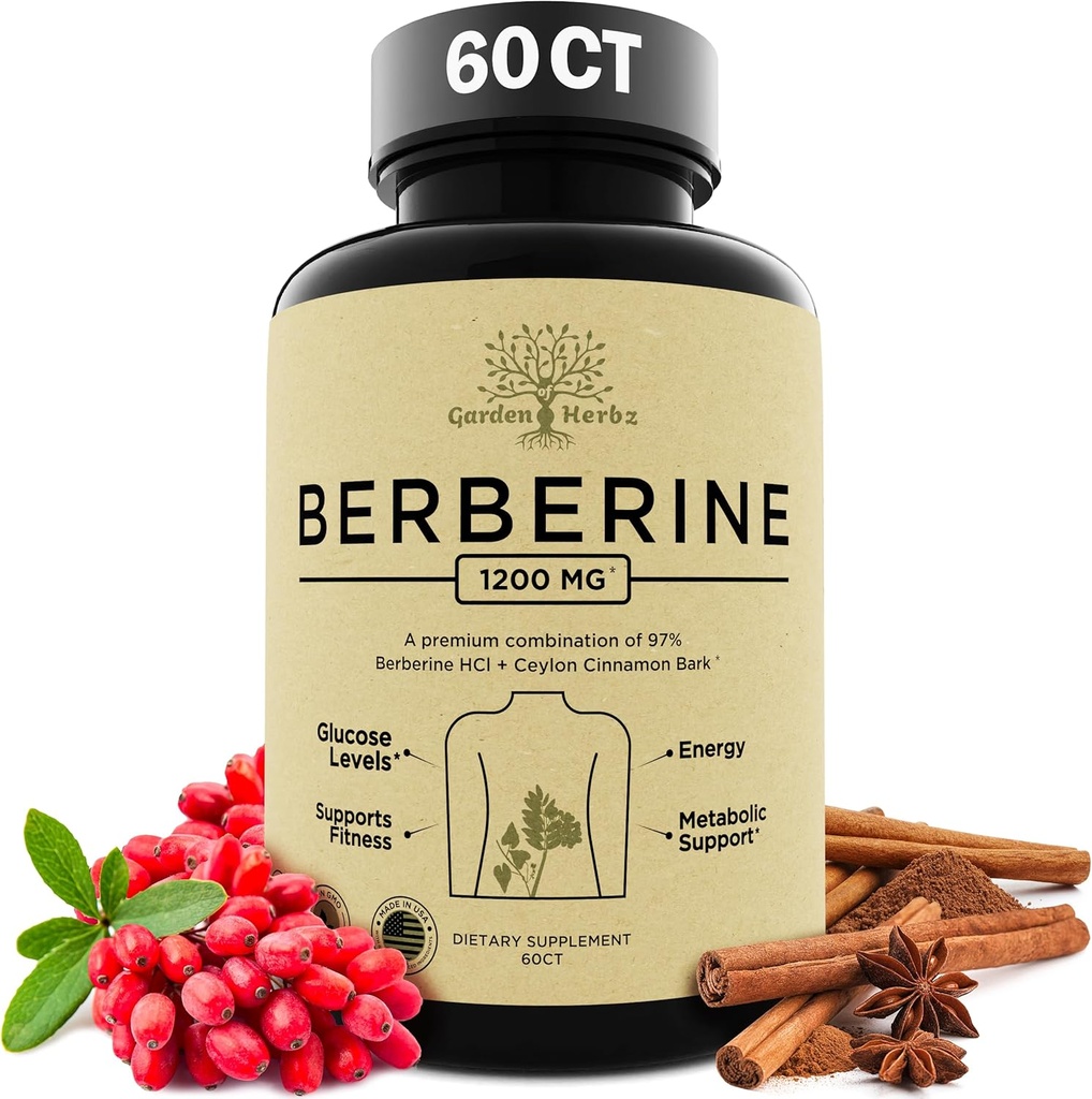 Berberine Supplement, Berberine 1200 Mg – Berberine HCL & Ceylon Cinnamon for kvinner og menn – Berberine Capsules støtter sunn immunsystem og vektkontroll