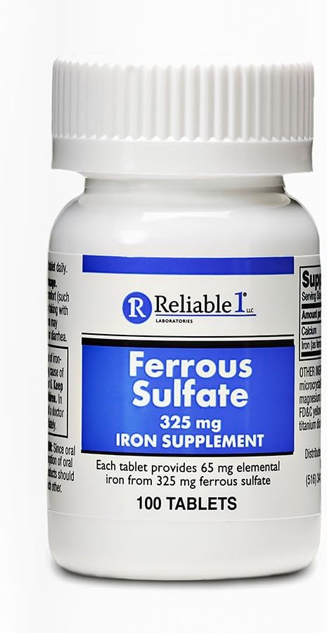 Jern Supplement Ferrous Sulfate 325mg ved pålitelig 1 | Jernpiller for kvinner og menn | Jern Supplement for anemi og jernmangel | 100 jerntabletter per flaske