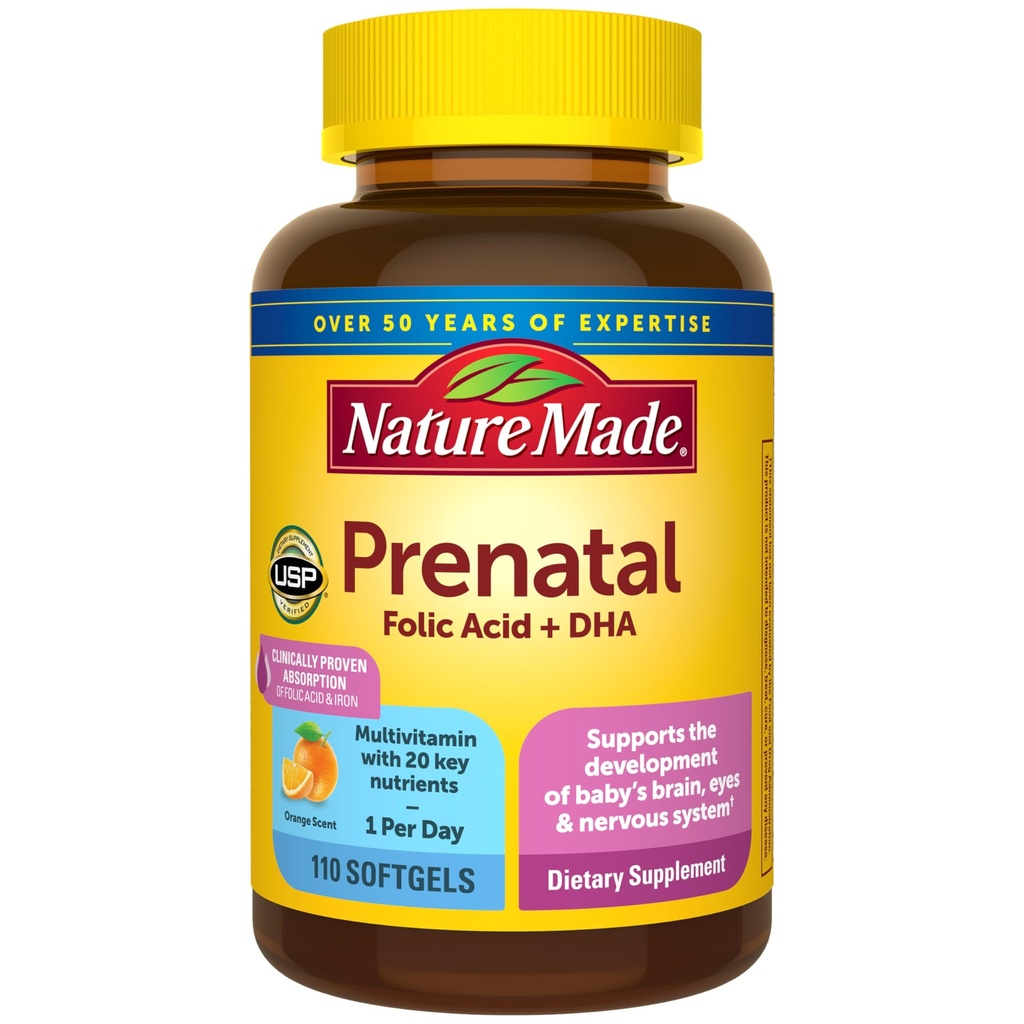 Natur laget prenatal med folsyre + DHA, prenatal vitamin og mineral Supplement for daglig ernæringsmessig støtte, 110 Softgels, 110 dagers forsyning