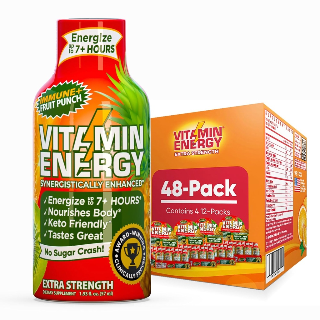 Vitamin energi immun + ekstra styrke energi Shot Fruit Punch 48 Pack, 260 mg naturlig kaffe, B-vitaminer, Citikolin, Grønn te, immunitet og fokus støtte, Zero sukker, Glutenfri 1,93 fl oz