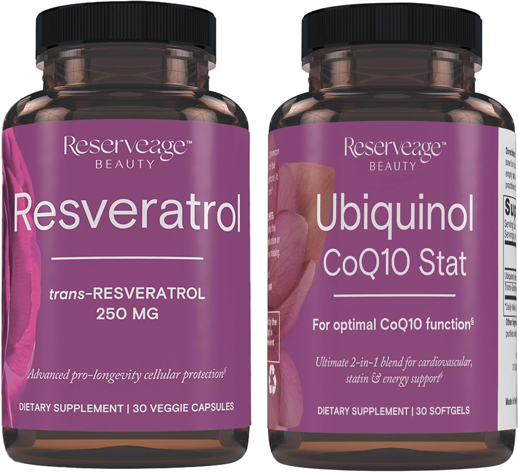 Reservering Skjønnhet, Resveratrol 250 mg, Antioksidant Supplement for hjerte og cellulære helse 30 Caps & Ubiquinol CoQ10 Stat - Støtte for kardiovaskulære system, energinivå og celle helse - 30