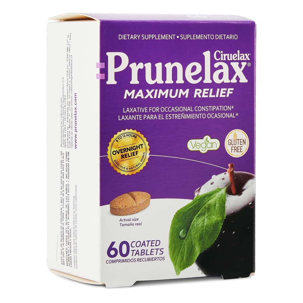 Prunelax Ciruelax maksimal relief Laxative Tabletter med naturlig Senna for anledninger, Senna ekstrakt, Vegan & Glutenfri, Gentle Overnattings Relief - 60ct