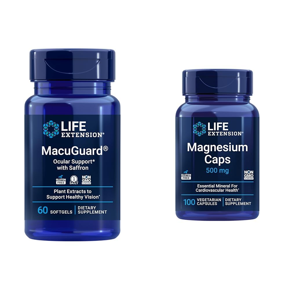 Livsforlengelse MacuGuard Eye Health Supplement med magnesiumkapsler 500 mg - Lutein, Zeaxanthin, Meso-zeaxanthin og Saffron for sunn visjon - 60 Softgels og 100 vegetariske kapsler