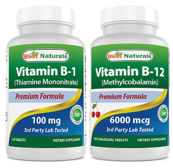 Beste Naturals Vitamin B1 som Thiamin Mononitrat 100 mg og vitamin B12 6000mg