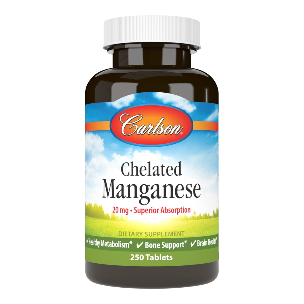 Carlson - Chelated Manganese, 20 mg - Superior absorpsjon, sunn metabolisme, beinstøtte og hjernehelse, 250 tabletter