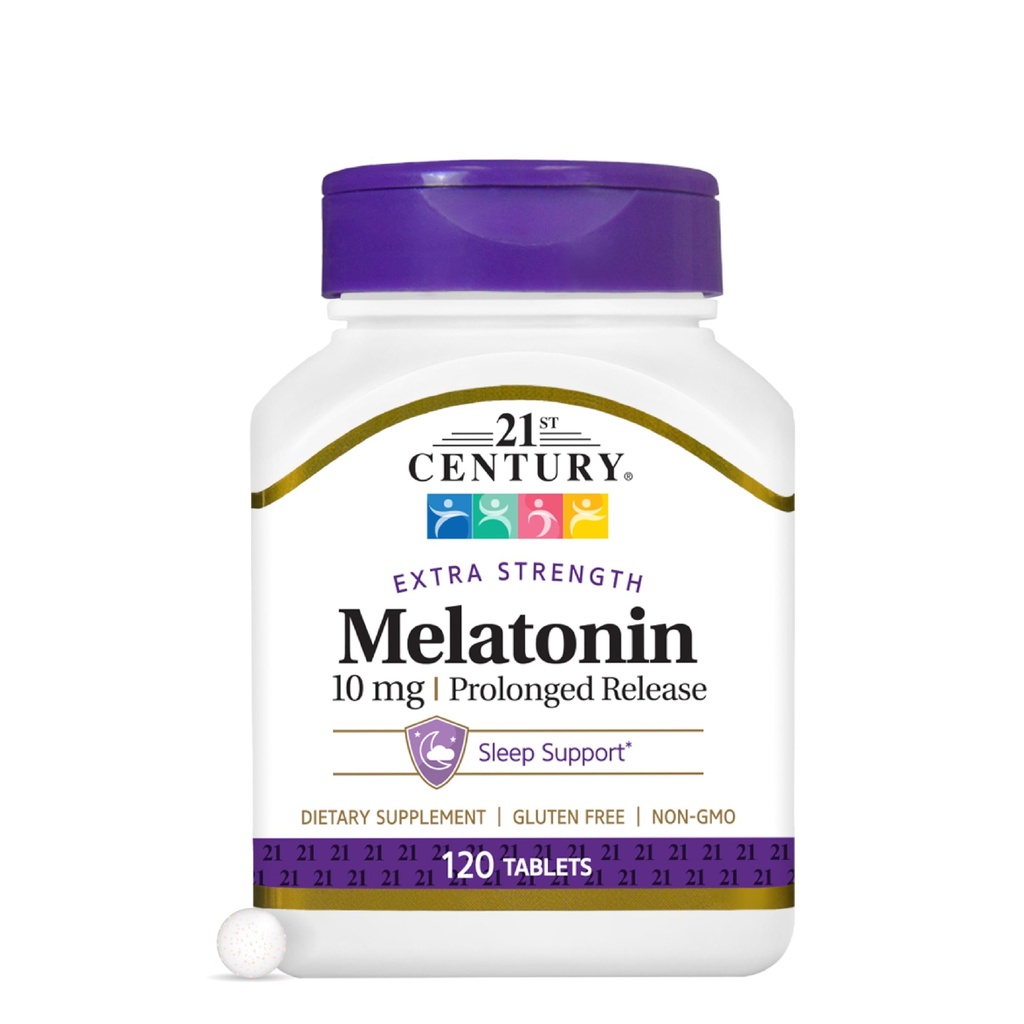 21st Century Melatonin 10mg ekstra styrke Tabletter, (120 greve), langvarig frigjøring søvnhjelp for voksne, fremmer avslapning og hvile søvn, ikke-habit forming, glutenfri, ikke-GMO