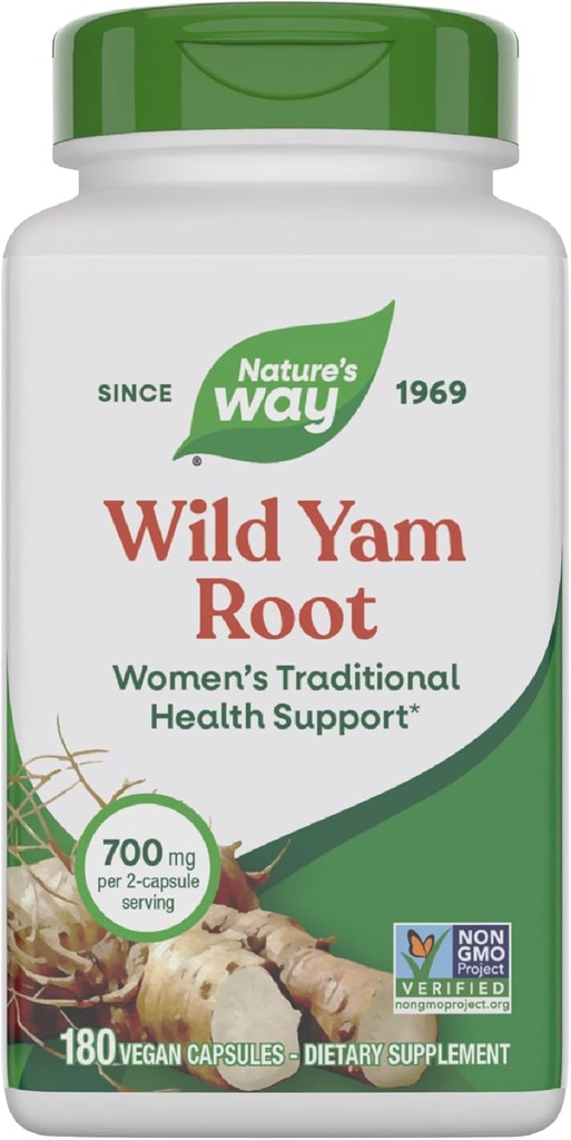Naturens vei Wild Yam Root, kvinners tradisjonelle helsestøtte*, 700 mg per 2-kapsule servering, ikke-GMO-prosjekt verifisert, 180 vegansk kapsler (pakke mai Vary)