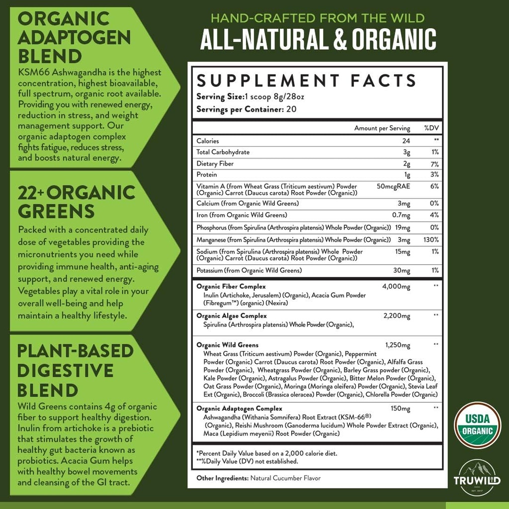TruWild Greens Superfood Juice pulver, med 22+ Grønn og anti-oksidanter, naturlig immunforsvar, stress, Digestionsstøtte pulver, 90 Serveringer, 3 Pakke