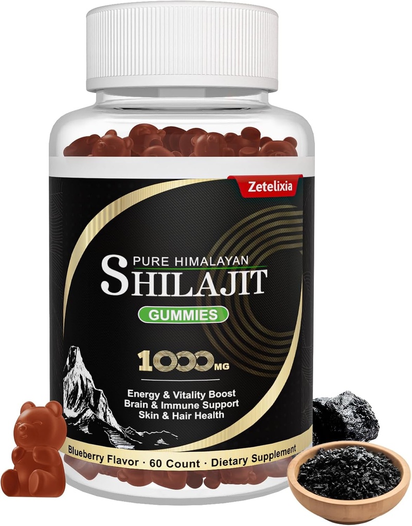 Shilajit Gummies, ren Himalayan Shilajit Gummies for menn, Formel med Rhodiola Rosea, Ginseng Root, Chaga, vitamin D, støtteenergi, immun- og hjernehelse, ikke-GMO, Vegan, 60 greve