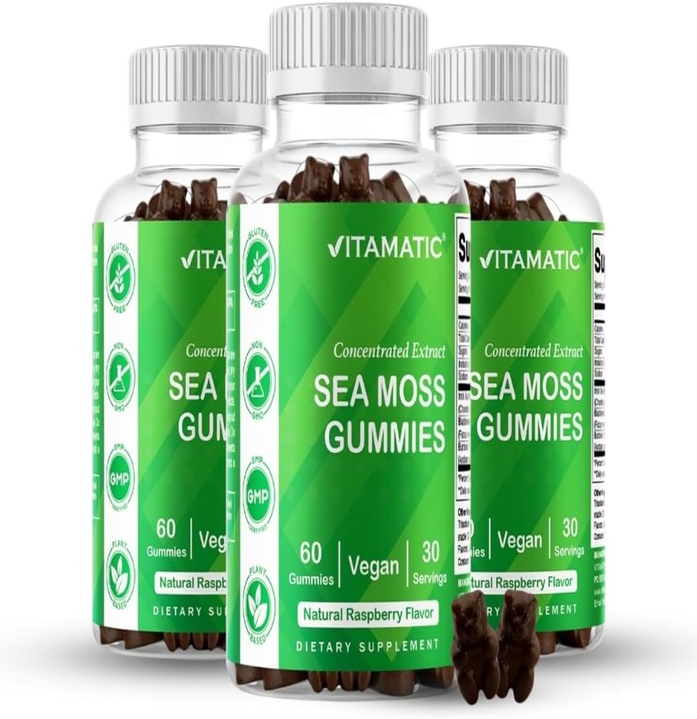 Vitamatic 3 Pack Irish Sea Moss Gummies- 3000mg Ekvivalent Per Serving (fra Ekstrakt 132,5 mg) - 60 Ct - laget med Bladderwrack & Burdock Root - Seamoss Supplement for Thyroid, Energi, Immunstøtte