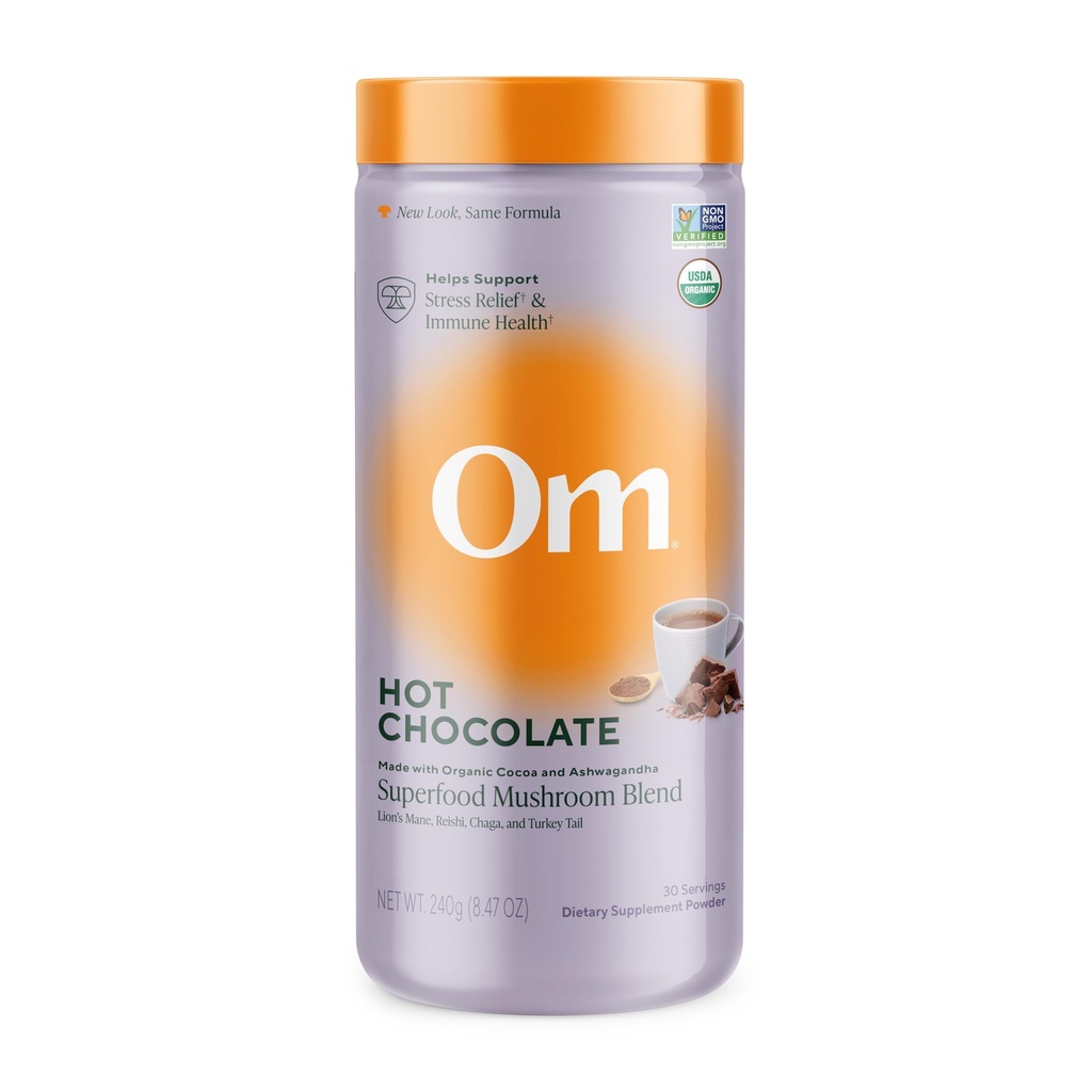 OM MUSHROOM SUPERFOOD Hot Chocolate Blend – Nederlandsk Cocoa med Lions Mane, Reishi, Chaga & Tyrkia Tail – Støtter fokus, ro og stress relief – 2g sukker, 25 kalorier – 8,47 oz Canister (30 serveringer)