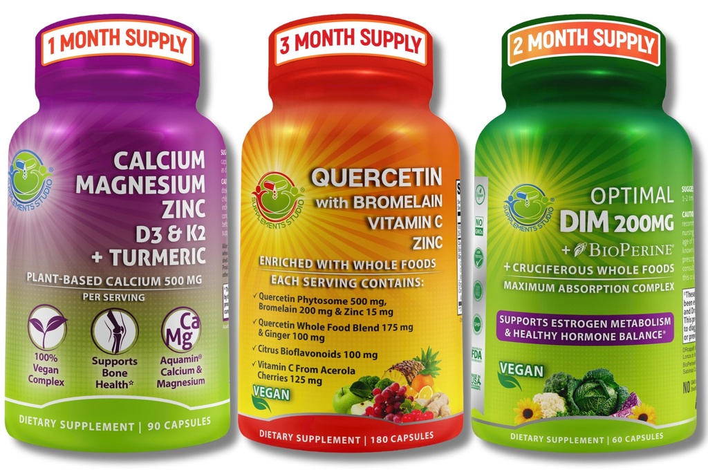 Vegan Bone, Immune, & Hormonal Support Trio – Plantebasert kalsium, magnesium, sink + D3, K2 & Turmeric + Quercetin med Bromelain, vitamin C, zink + DIM 200mg & BioPerine® i forsinkede-destillate kapsler