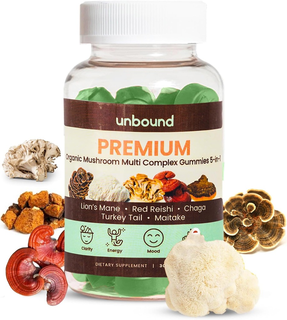Ubundet Premium Organic Mushroom Multi-Complex Gummies for støtteminne 5 i 1, Blande med Chaga, Lions Mane, Reishi, Tyrkia Tail, Maitake - 60 Gummies,