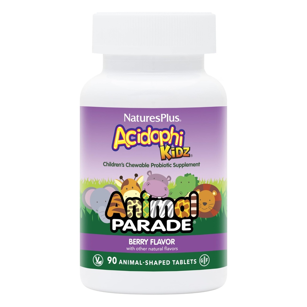 NaturesPlus Animal Parade AcidophiKidz, Berry Flavor - 90 Chewable, Animal-Shaped Tabletter - Pakke med 2 - med probiotika, FOS & Grape frø - 180 Total Services