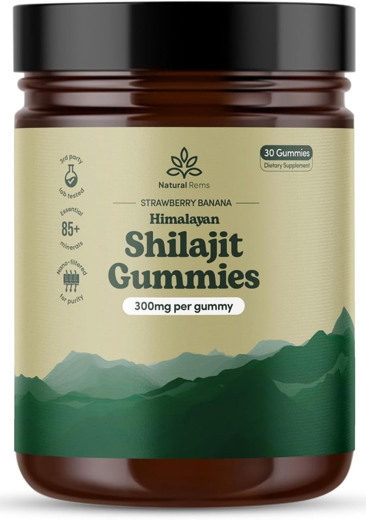 Naturlige Rems Organic Shilajit Gummies for menn og kvinner - Lab testet - laget i USA - ren Himalayan Organic - Fulvic Acid - Energi og fokus - Holistisk helsetilskudd (Strawberry Banana)