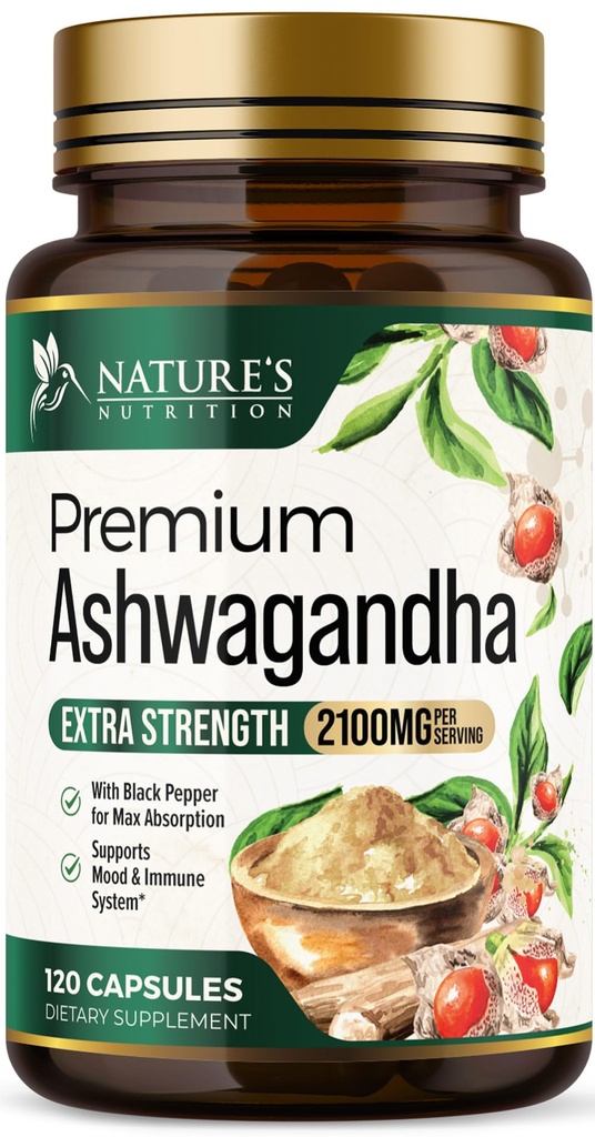 Ashwagandha Supplements - 2100mg Ashwagandha Capsule for kvinner og menn, Naturlig Antioksidant støtte, Ashwa Root Extract, Ekstra styrke rolig støtte med svart pepper, vegansk og glutenfri - 120 kapsler