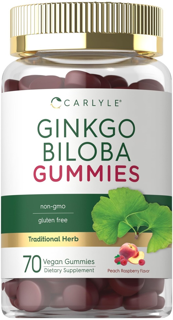 Carlyle Ginkgo Biloba 300mg ® 70 Gummies ® 45:1 Leaf Ekstrakt | med fersken bringebær flavor | Vegansk, ikke-GMO, Glutenfri supplement